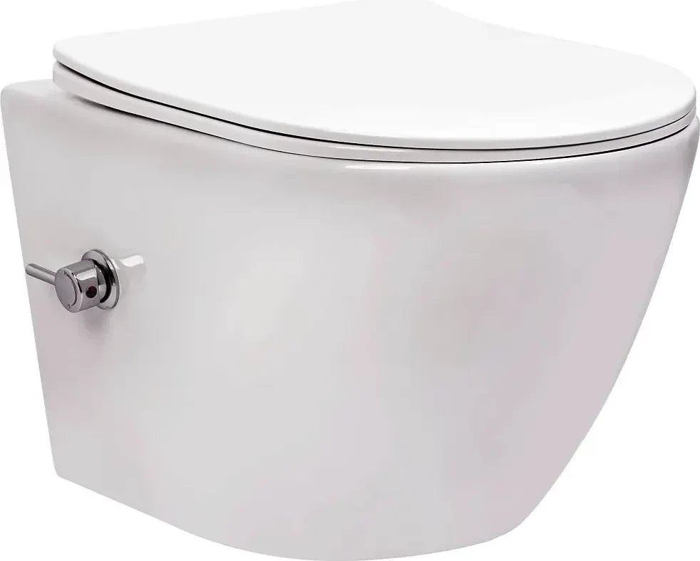 Унитаз подвесной Saniteco Rimless RT-203-B + GROHE Rapid SL 38772SH0 (c функцией биде/кнопка белый глянец)