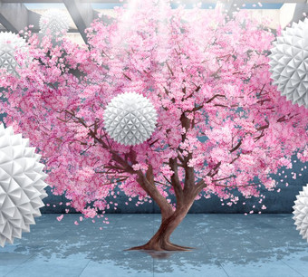 Фотообои ФабрикаФресок 3D Шары на фоне сакуры 833270 (300x270)