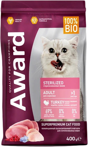 Сухой корм для кошек Award Adult Sterilized (для стерилизованных с индейкой и курицей с добавлением клюквы и цикория) 400 г