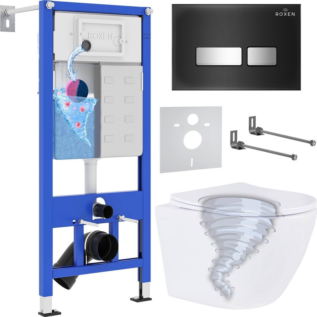 Унитаз подвесной Roxen Antares Tornado Long в комплекте с инсталляцией StounFix Dual Fresh 6 в 1 868448 (кнопка: черный/хром глянцевая)