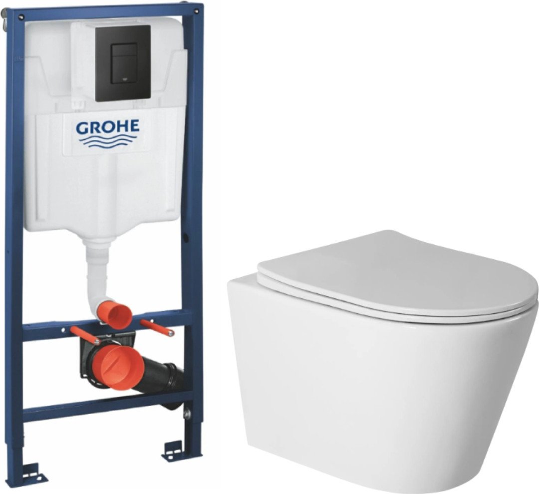 Унитаз подвесной Saniteco Torando T-201W + GROHE Solido 38811KF0 (с кнопкой черный матовый)
