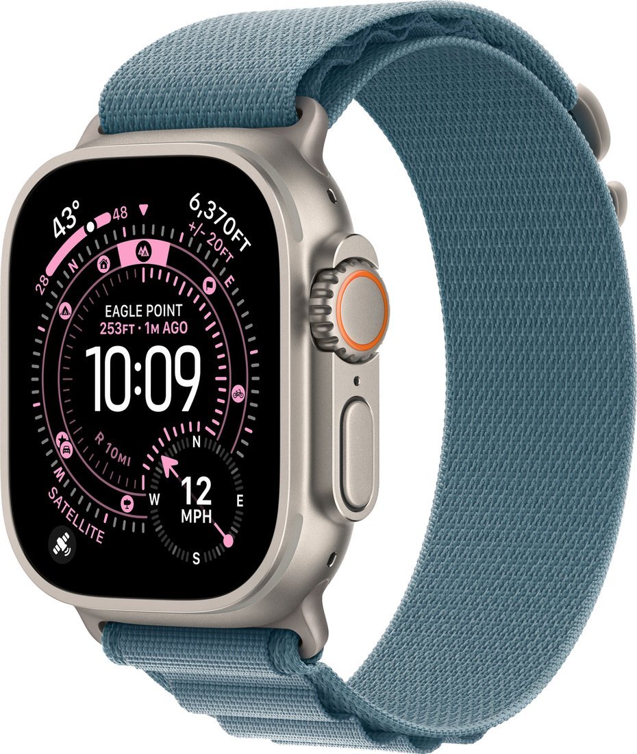 Умные часы Apple Watch Ultra 3 LTE 49 мм (титановый корпус, природный/голубой, текстильный ремешок размера L)