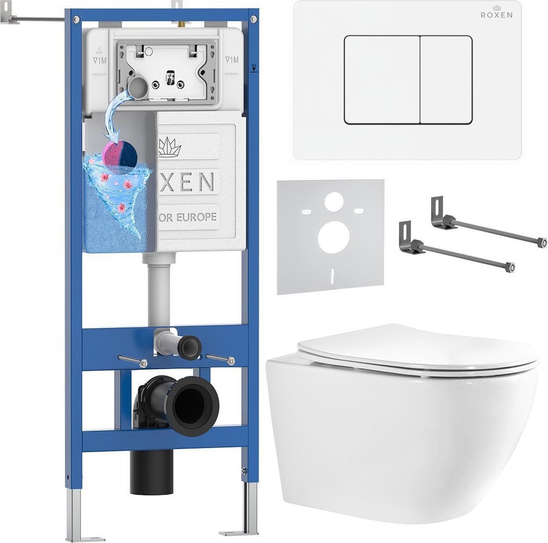 Унитаз подвесной Roxen Antares Tornado Long в комплекте с инсталляцией StounFix Dual Fresh 6 в 1 868457 (кнопка: белый глянцевая)
