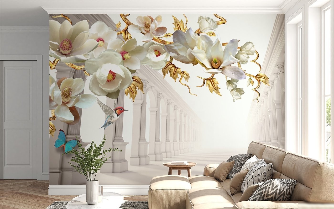 Фотообои ФабрикаФресок 3D Абстракция. Золотые Цветы. Бабочки и Колонны 1024270 (400x270)
