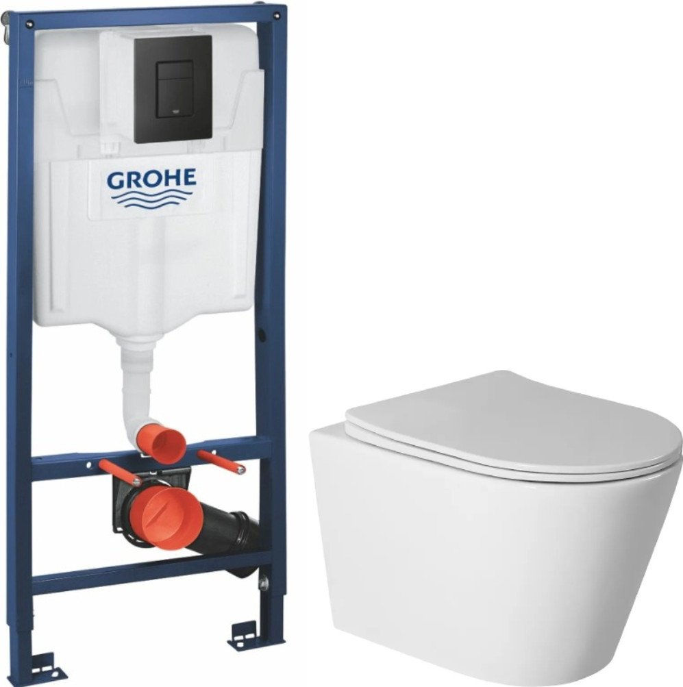 Унитаз подвесной Saniteco Rimless R-201W + GROHE Solido 38811KF0 (с кнопкой черный матовый)