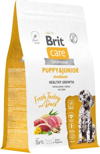 Сухой корм для собак Brit Dog Puppy&Junior Medium Healthy Growth с индейкой и уткой 1.5 кг