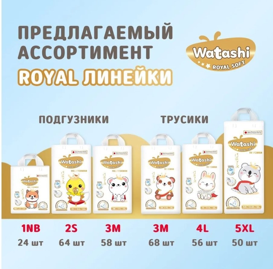 Трусики-подгузники Watashi Royal Soft 3 M 6-10 кг (136 шт)