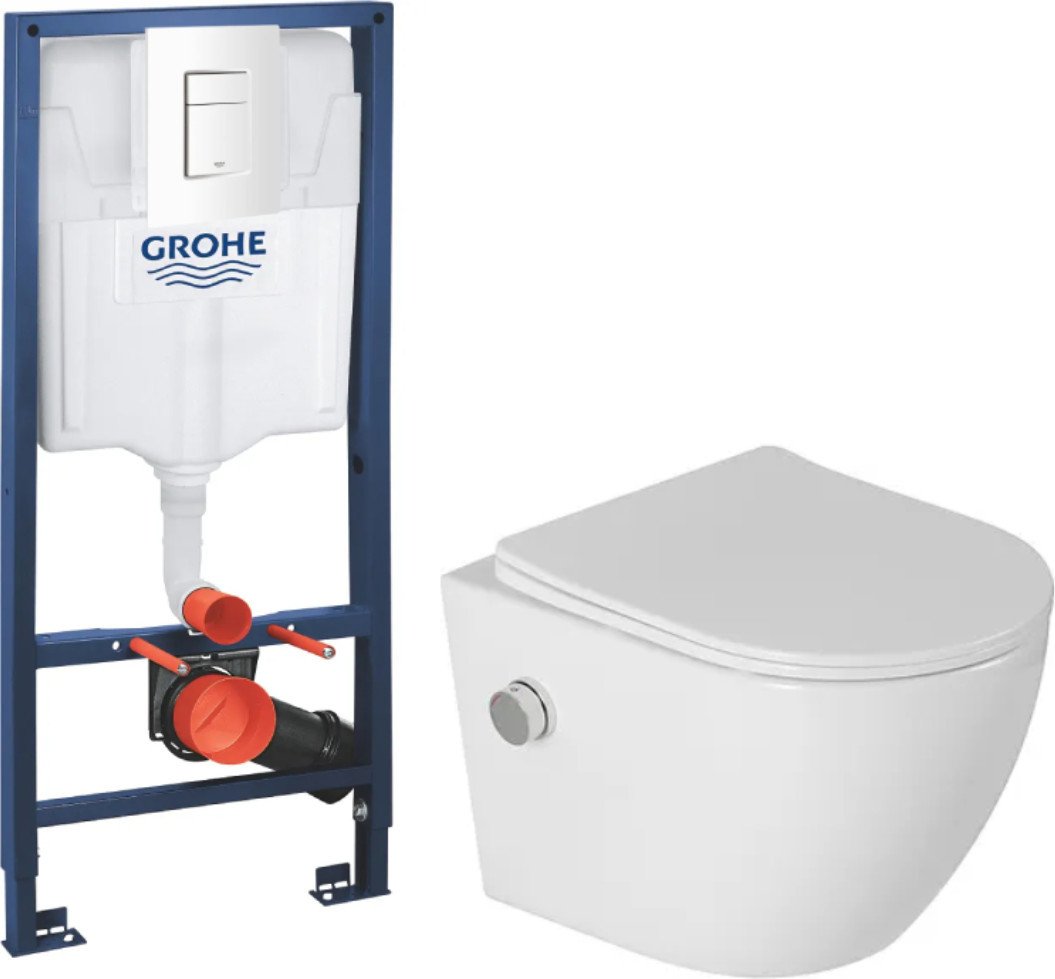 Унитаз подвесной Saniteco Rimless RT-203-B1 + GROHE Rapid Sl 38772SH0 (c функцией биде/кнопка белая)