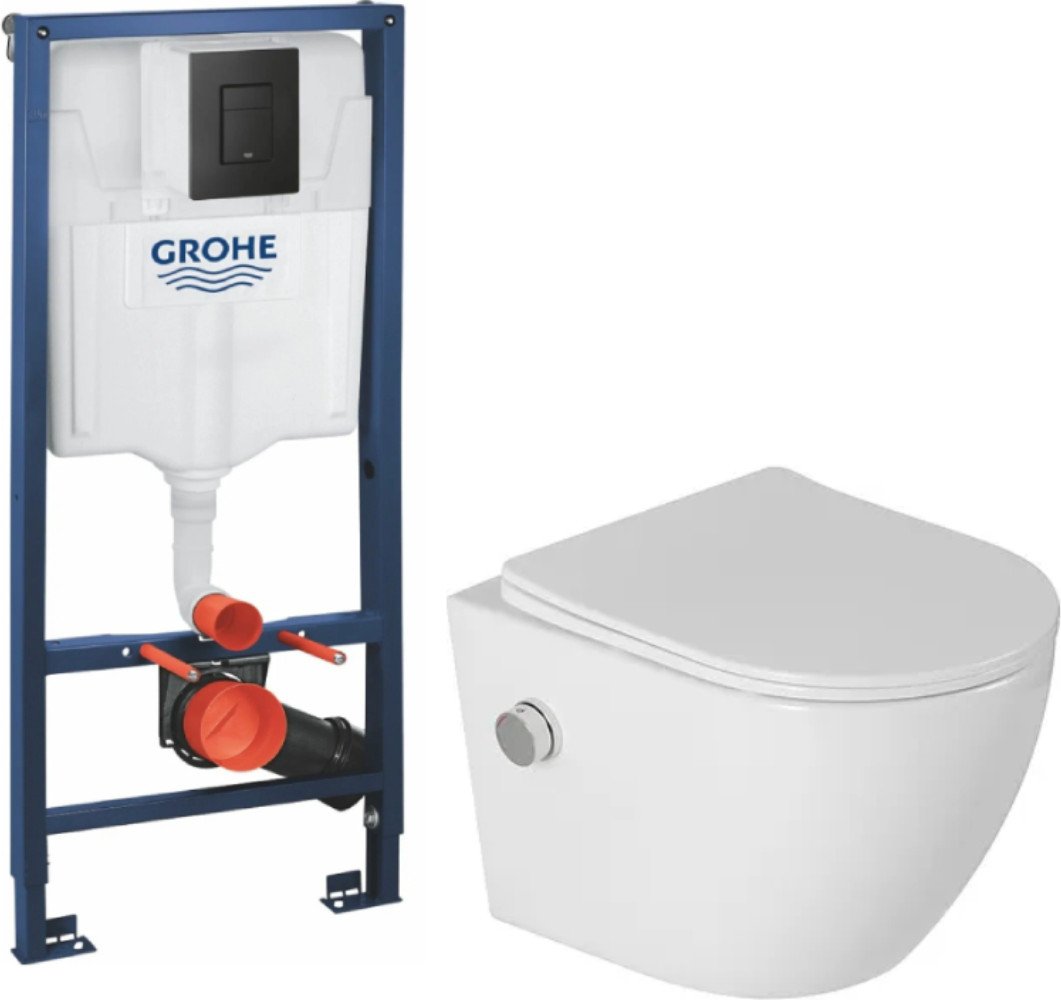 Унитаз подвесной Saniteco Rimless RT-203-B1 + GROHE Solido 38811KF0 (c функцией биде/кнопка черный матовый)
