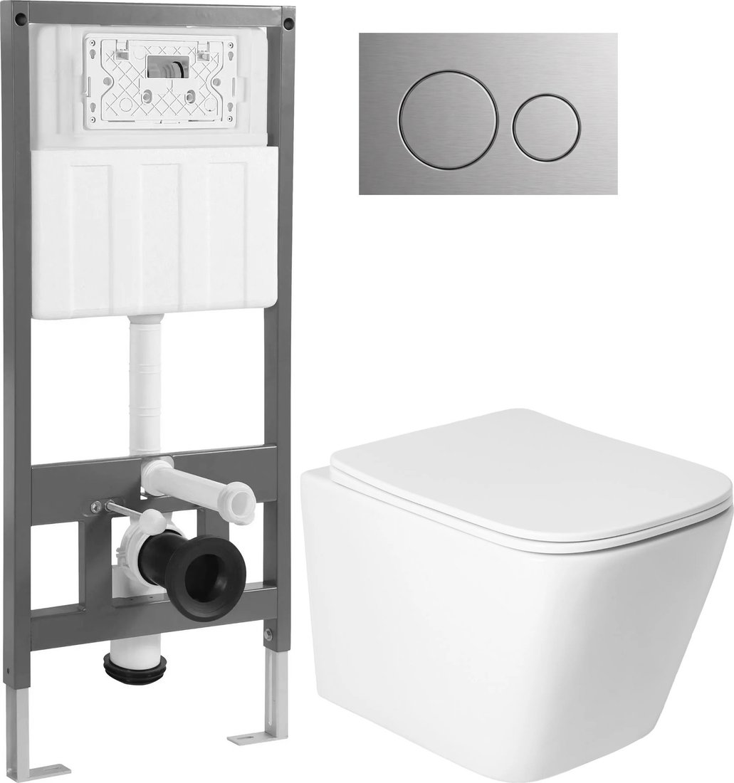 Унитаз подвесной Saniteco Rimless R-202W + 501 + K01-SBR (с кнопкой, хром матовый)
