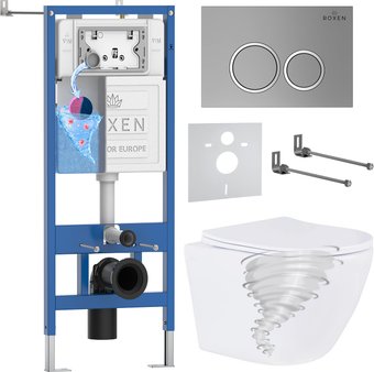 Унитаз подвесной Roxen Antares Tornado Long в комплекте с инсталляцией StounFix Dual Fresh 6 в 1 868427 (кнопка: хром матовый матовая)