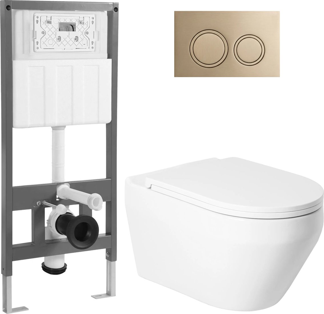 Унитаз подвесной Saniteco KW-9009W + 501 + K01-PRG (с кнопкой, матовое золото)