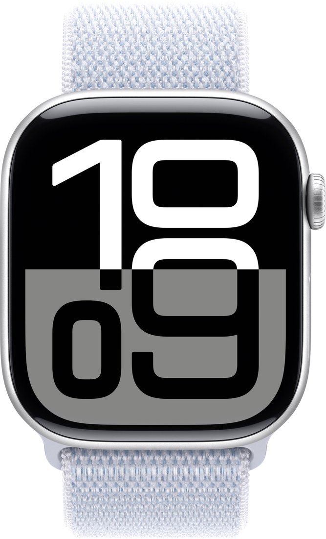 Умные часы Apple Watch Series 10 46 мм (алюминиевый корпус, серебристый/голубой, нейлоновый ремешок)