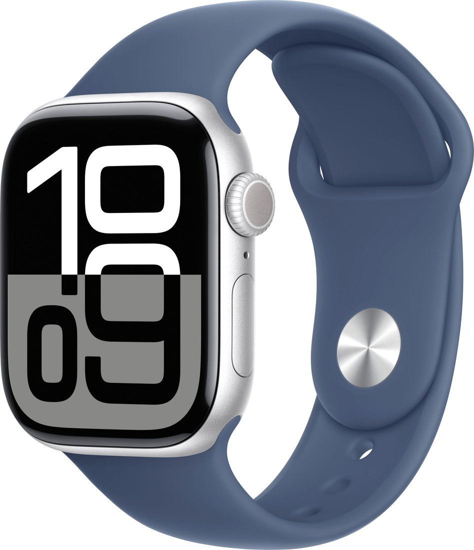 Умные часы Apple Watch Series 10 42 мм (алюминиевый корпус, серебристый/синий, спортивный силиконовый ремешок M/L)