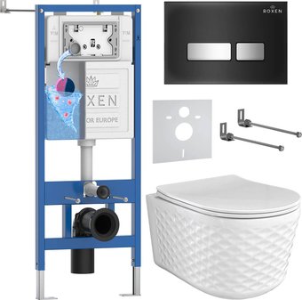Унитаз подвесной Roxen Vine Tornado в комплекте с инсталляцией StounFix Dual Fresh 6 в 1 979025 (кнопка: черный глянцевый)