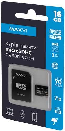 Карта памяти Maxvi microSDHC 16GB MSD16GBC10V10 (с адаптером)