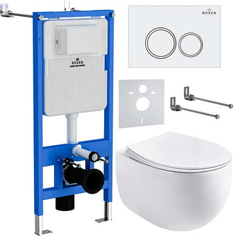 Унитаз подвесной Roxen Egg в комплекте с инсталляцией StounFix Slim 6 в 1 964008 (кнопка: белый глянец)
