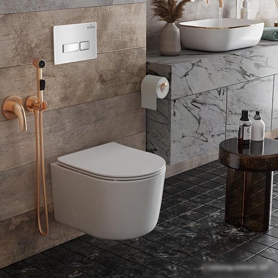 Унитаз подвесной Roxen Simple Compact в комплекте с инсталляцией StounFix Slim 6 в 1 964407 (кнопка: белое стекло)