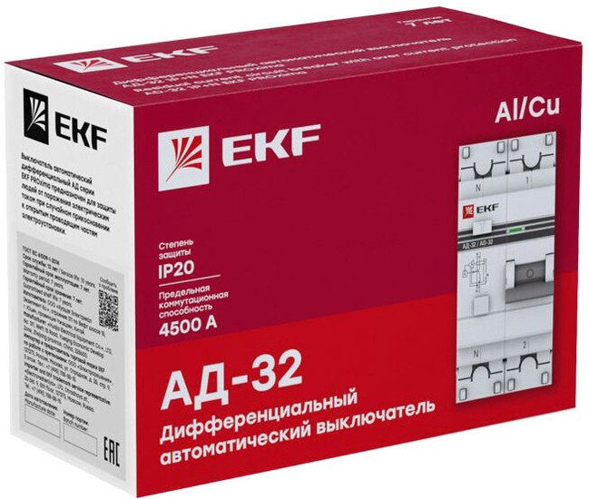 Дифференциальный автомат EKF PROxima АД-32 2P 6А (C) 30мА тип AC 4.5кА DA32-06-30-pro