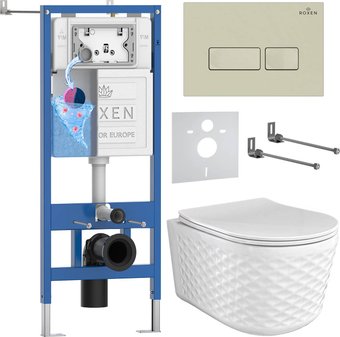 Унитаз подвесной Roxen Vine Tornado в комплекте с инсталляцией StounFix Dual Fresh 6 в 1 979004 (кнопка: бежевый)