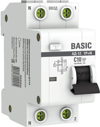 Дифференциальный автомат EKF Basic АД-12 1P+N 10А 30мА АС C DA12-10-30-bas