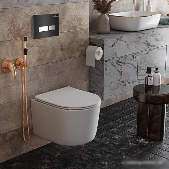 Унитаз подвесной Roxen Simple Compact в комплекте с инсталляцией StounFix Slim 6 в 1 965318 (кнопка: черное стекло)
